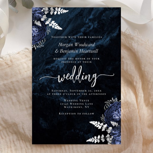 Budget Navy Blue Silver Floral Wedding Invitation (Creator Uploaded)