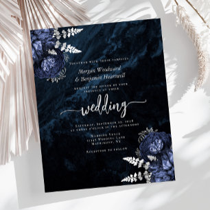 Budget Navy Blue Silver Floral Wedding Invite