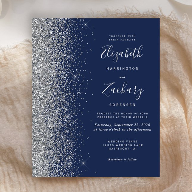 Budget Navy Blue Silver Glitter Wedding Invitation (Creator Uploaded)