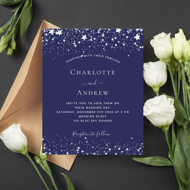 Budget navy blue silver stars wedding invitation (Creator Uploaded)