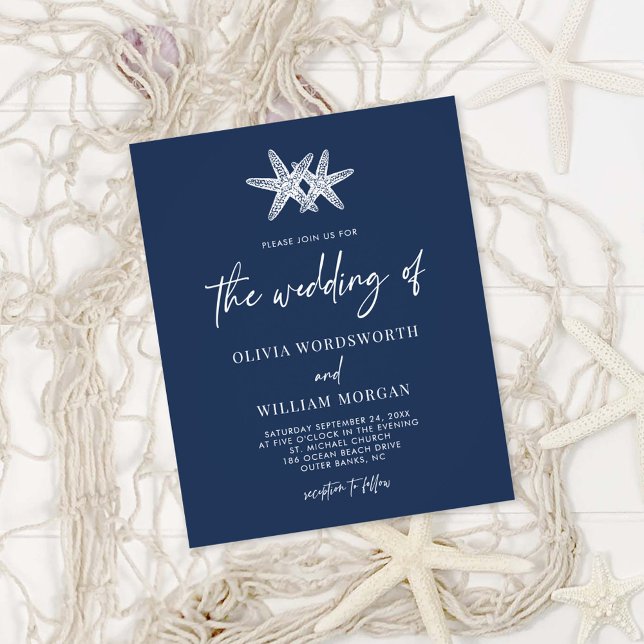 Budget Navy Blue Starfish Wedding Invitation Flyer (Creator Uploaded)
