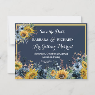Budget Navy Blue Sunflower Floral Save Date Invitation