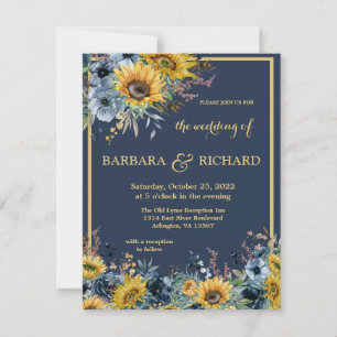 Budget Navy Blue Sunflower Floral Wedding Invitation