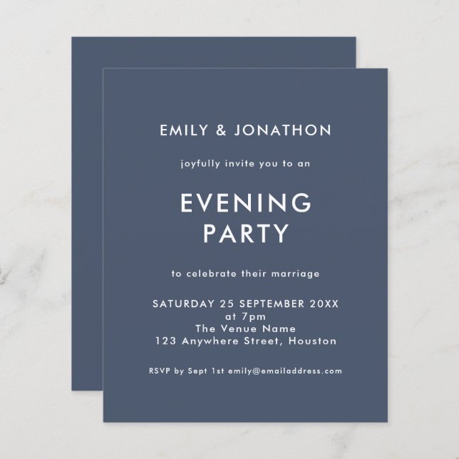 Budget Navy Blue Wedding Evening Party Invite (Front/Back)