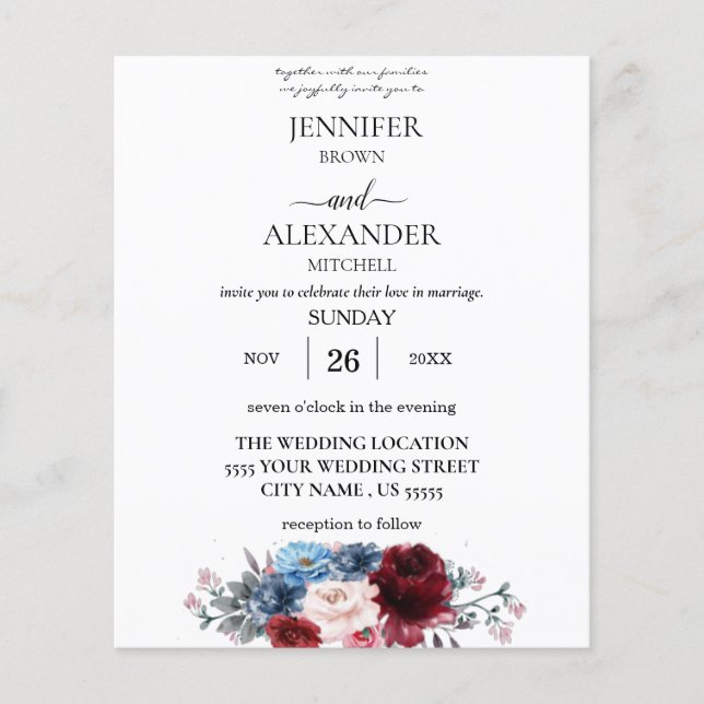 Budget Navy Blue , White & Burgundy Floral Wedding Flyer (Front)