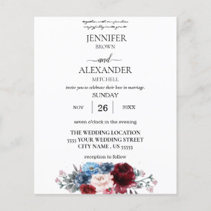 Budget Navy Blue , White & Burgundy Floral Wedding Flyer