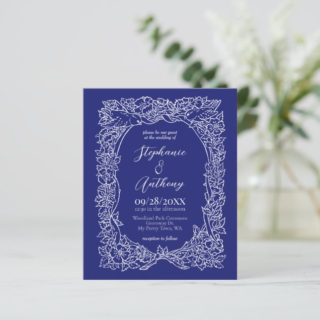 Budget Navy Blue White Floral Wedding Invitation (Standing Front)