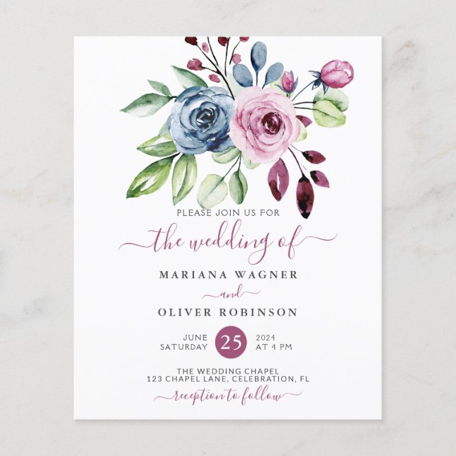 Budget Navy Blue Wine Floral Wedding Invitation Flyer (Front)