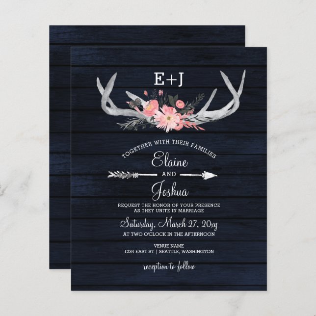 Budget Navy Blush Floral Antler Wedding Invitation (Front/Back)