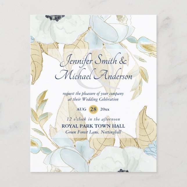 Budget Navy Bue White Anemone Wedding Invitations (Front)