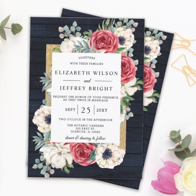 Budget Navy Burgundy Floral Wedding Invitation (Creator Uploaded)