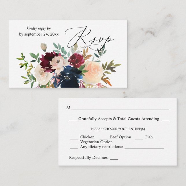 Budget Navy, Burgundy, Pink Floral 2SM Meal RSVP Enclosure Card (Front/Back)