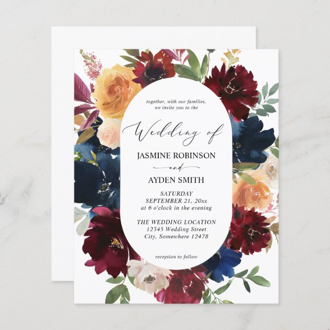 Budget Navy, Burgundy Pink & Peach Floral2 Wedding (Front/Back)