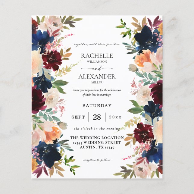 Budget Navy, Burgundy, Pink & Peach Floral Wedding Flyer (Front)