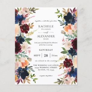 Budget Navy, Burgundy, Pink & Peach Floral Wedding Flyer