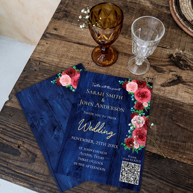 Budget Navy Burgundy Watercolor Wedding Invitation Flyer (Creator Uploaded)