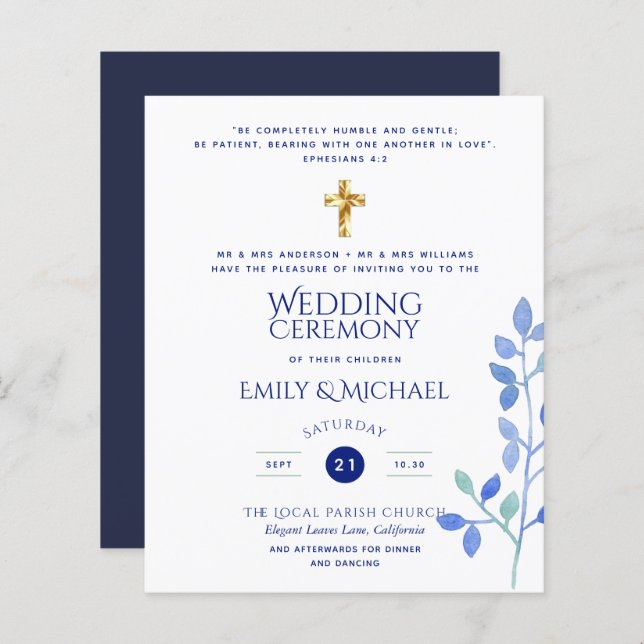 Budget Navy Catholic Christian Wedding Invites (Front/Back)