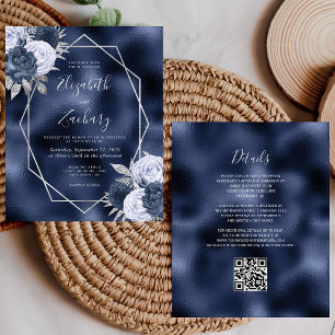 Budget Navy Dusty Blue Floral QR Code Wedding