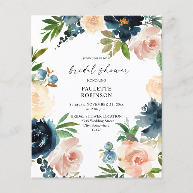 Budget Navy & Dusty Blue, Pink Bridal Shower Flyer (Front)