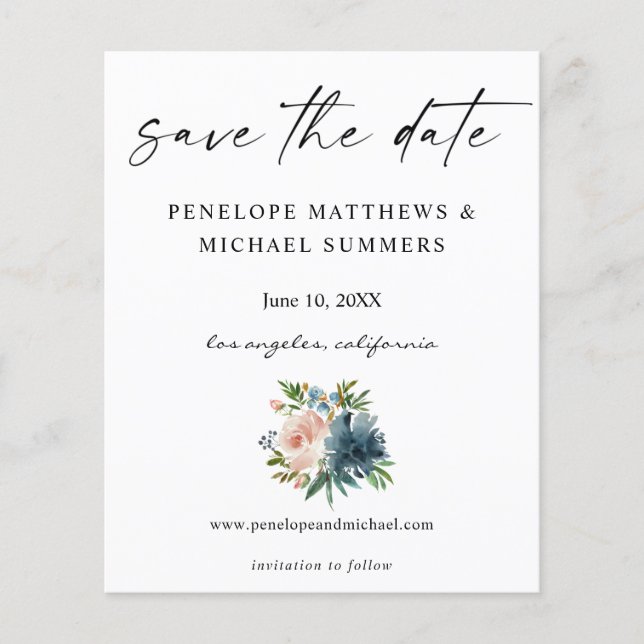 Budget Navy Dusty Blue & Pink Floral Save the Date Flyer (Front)