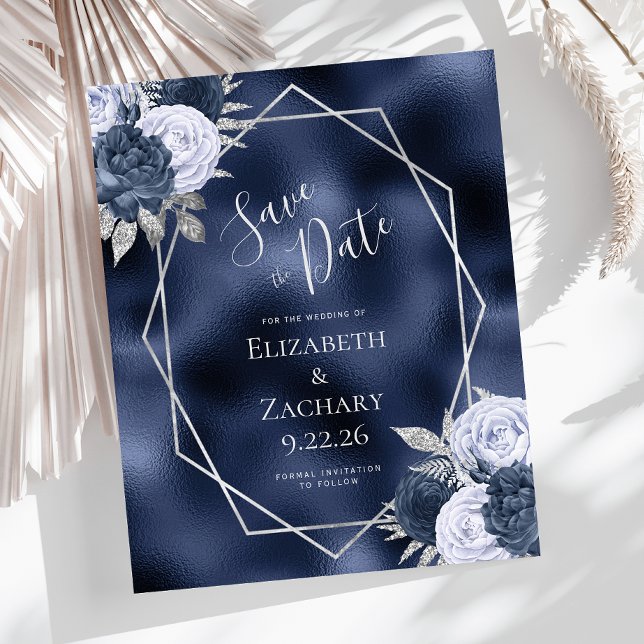 Budget Navy Dusty Blue Silver Floral Save the Date (Creator Uploaded)
