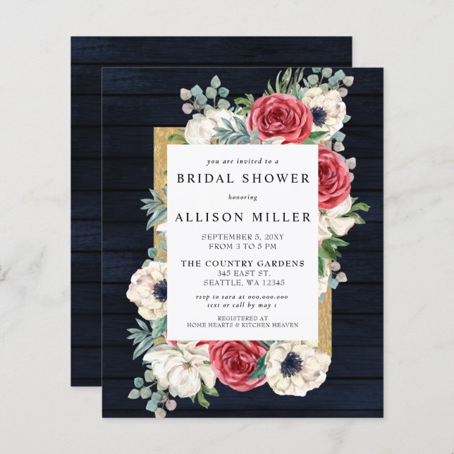Budget Navy Floral Bridal Shower Invitation (Front/Back)