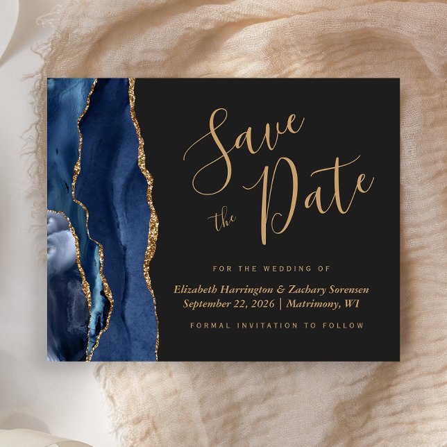 Budget Navy Gold Agate Dark Wedding Save the Date (Creator Uploaded)