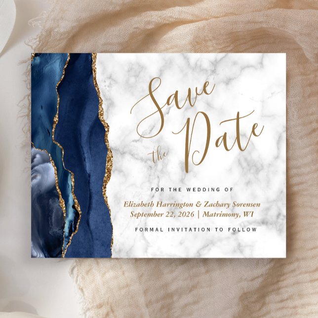 Budget Navy Gold Agate Marble Save the Date (Creator Uploaded)