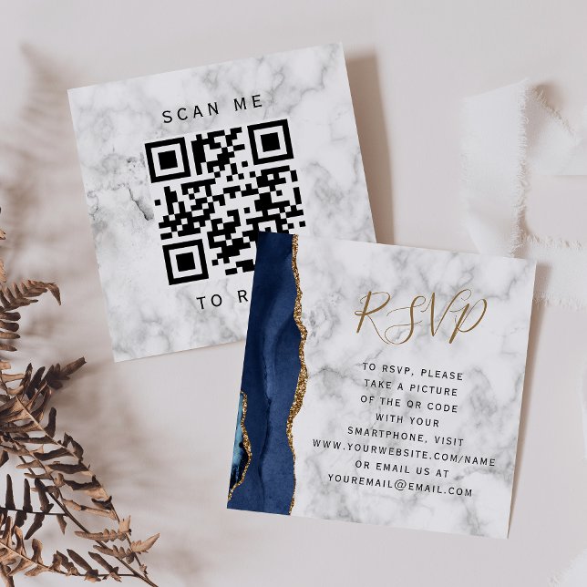 Budget Navy Gold Agate Marble Wedding QR Code RSVP Enclosure Card (Creator Uploaded)