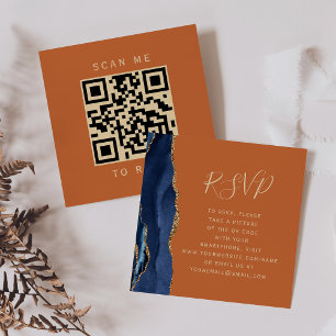 Budget Navy Gold Agate Orange Wedding QR Code RSVP Enclosure Card