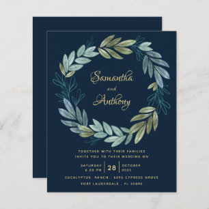 Budget Navy Gold Botanical Wedding Invitation