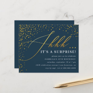 Budget Navy & Gold Confetti Script Surprise Party
