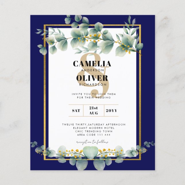 BUDGET NAVY GOLD Eucalyptus Wedding Invite QR CODE Flyer (Front)