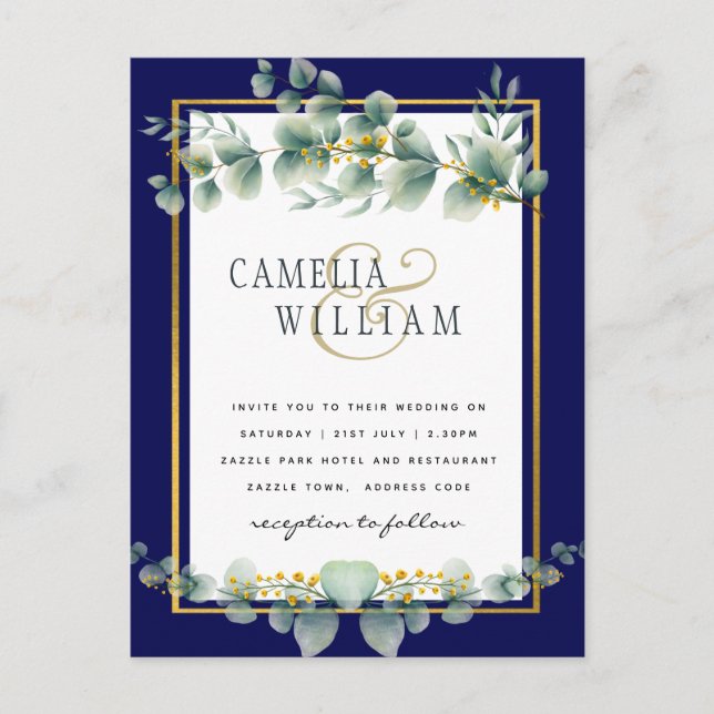 BUDGET NAVY GOLD Eucalyptus Wedding Invite QR CODE Postcard (Front)