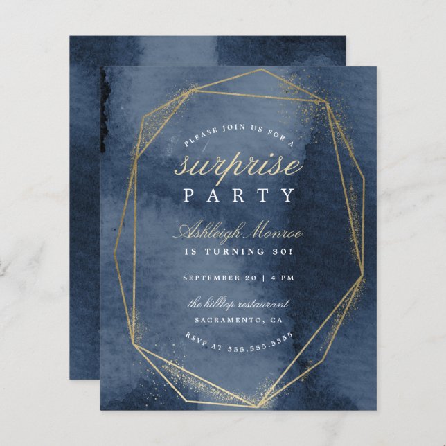 Budget Navy & Gold Geometric Frame Surprise Party (Front/Back)