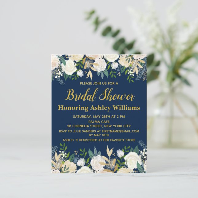 Budget Navy Gold Greenery Bridal Shower Invitation (Standing Front)