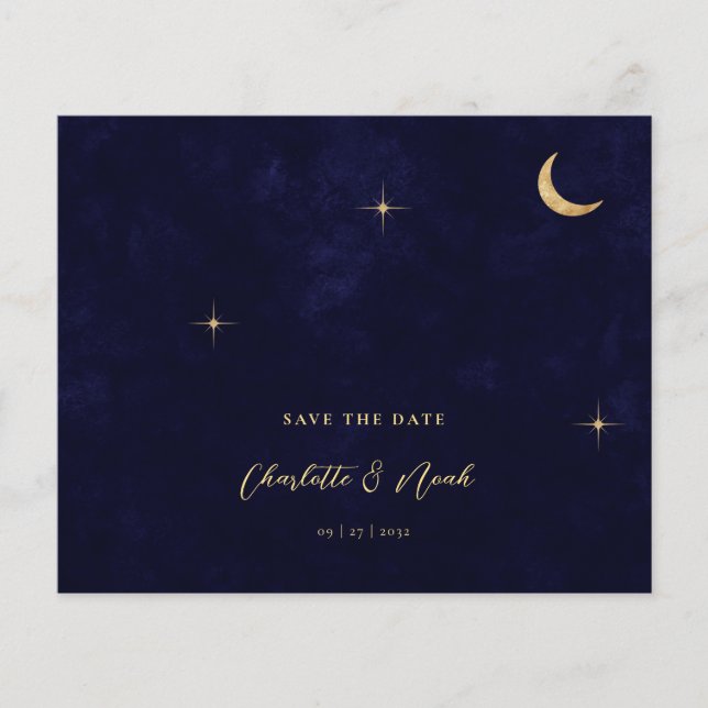 BUDGET Navy Gold Moon Stars Photo QR Code Wedding (Front)