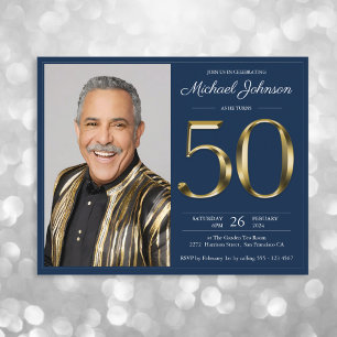 Budget Navy Gold Photo 50th Birthday Invitation