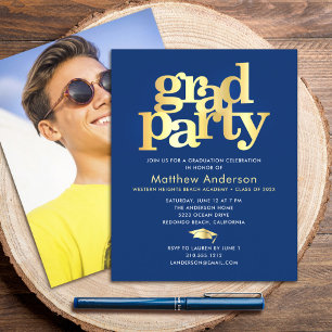 Budget Navy Gold Photo Grad Party Minimal Invite