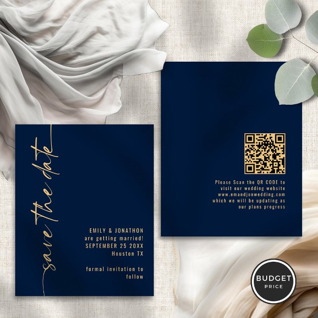 Budget Navy Gold Script QR Wedding Save the Date (Front and back view)