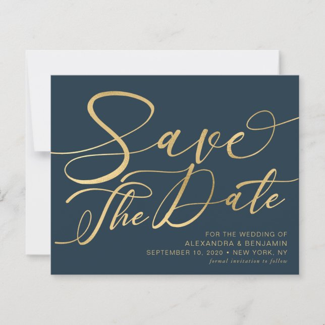 Budget Navy & Gold Wedding Save The Date (Front)