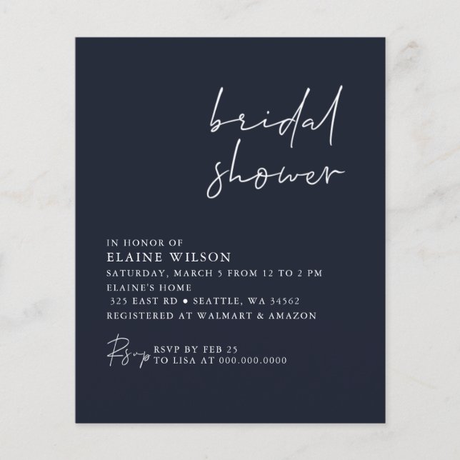 Budget Navy Modern Bridal Shower Invitation (Front)