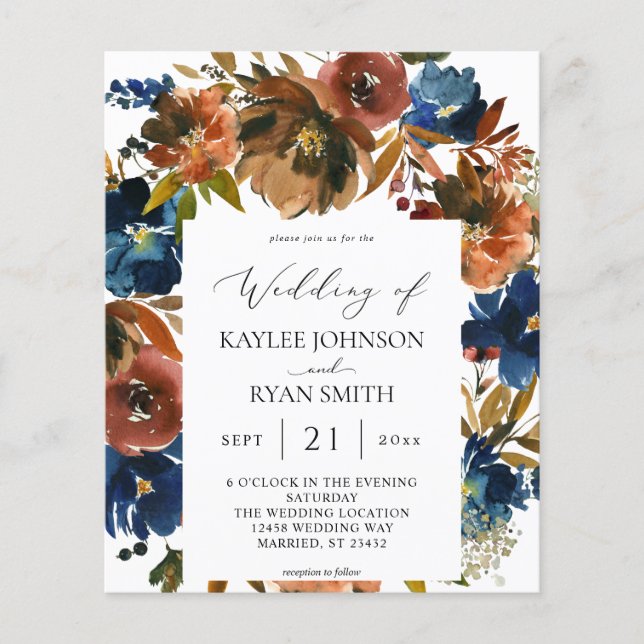 Budget Navy, Orange & Brown Floral 2 Wedding Flyer (Front)