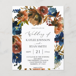 Budget Navy, Orange & Brown Floral 2 Wedding Flyer