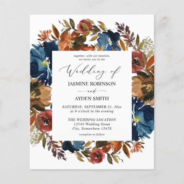 Budget Navy, Orange & Brown Floral Wedding Flyer (Front)