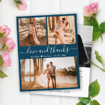 Budget Navy Photo Collage Wedding Thank You Card<br><div class="desc">Budget, Modern, Elegant, Hand Lettered Wedding Navy Bule (3) Three Photo Collage Thank You personalised affordable low budget thin card. Stylish wedding thank you card template featuring three photo on the front and one photo on the back. With the text "Love and thanks" in a swirly handwritten typography script font...</div>