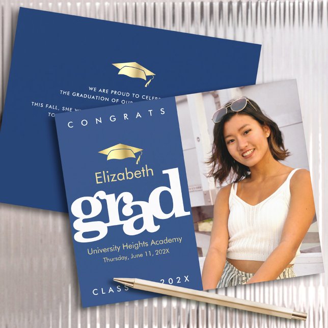 Budget Navy Photo Graduation Gold Cap Invitation (Creator Uploaded)
