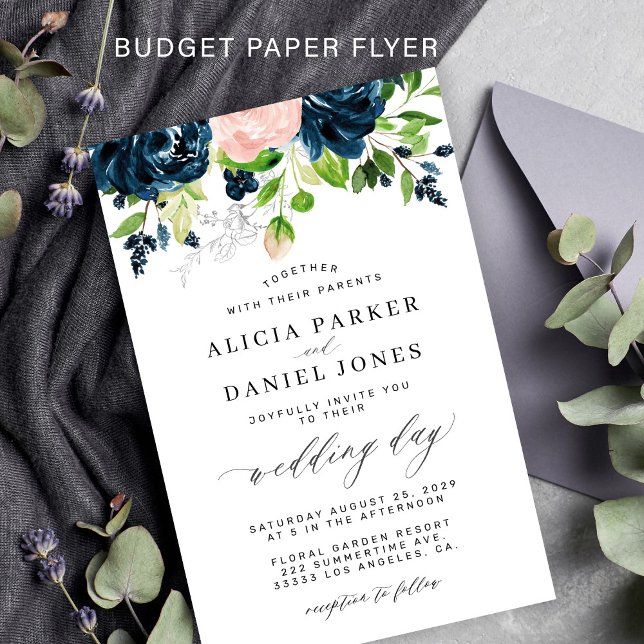 Budget navy pink elegant floral wedding invitation flyer (Creator Uploaded)