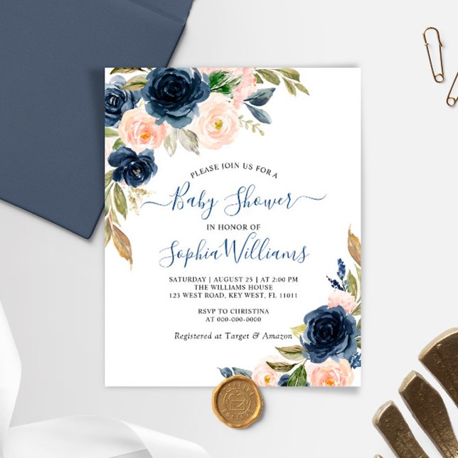 Budget Navy & Pink Floral Baby Shower Invitation (Creator Uploaded)