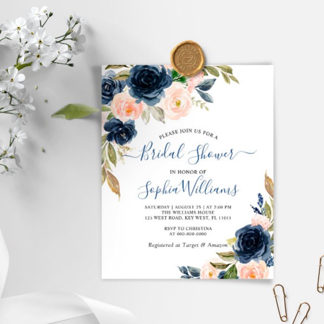 Budget Navy & Pink Floral Bridal Shower Invitation (Creator Uploaded)